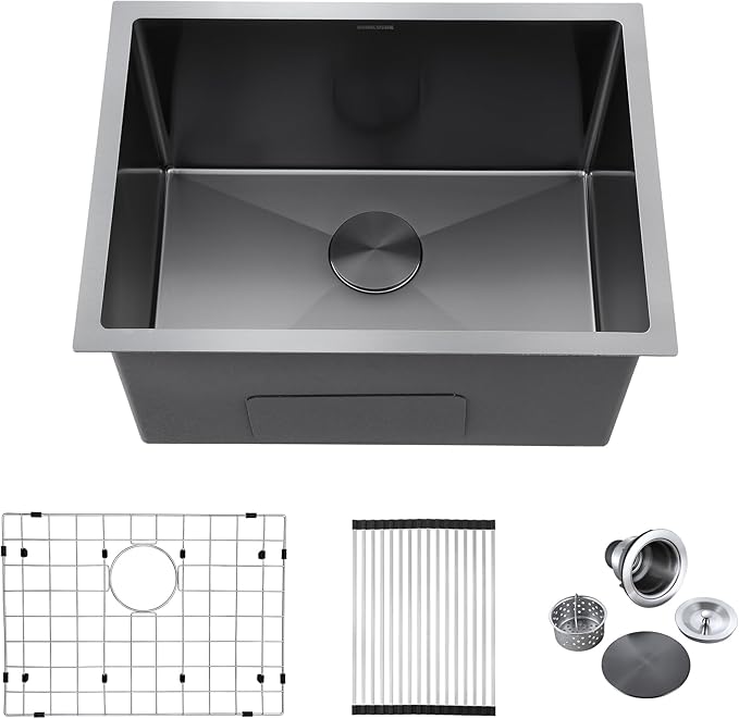 24-inch Undermount Laundry Utility Sink - SINKVINE 24x18x12 Extra Deep Black Stainless Steel Single Bowl Basin with Drain Strainer, Bottom Grid & Drying Unit for Laundry Room, Outdoor, Kitchen Use