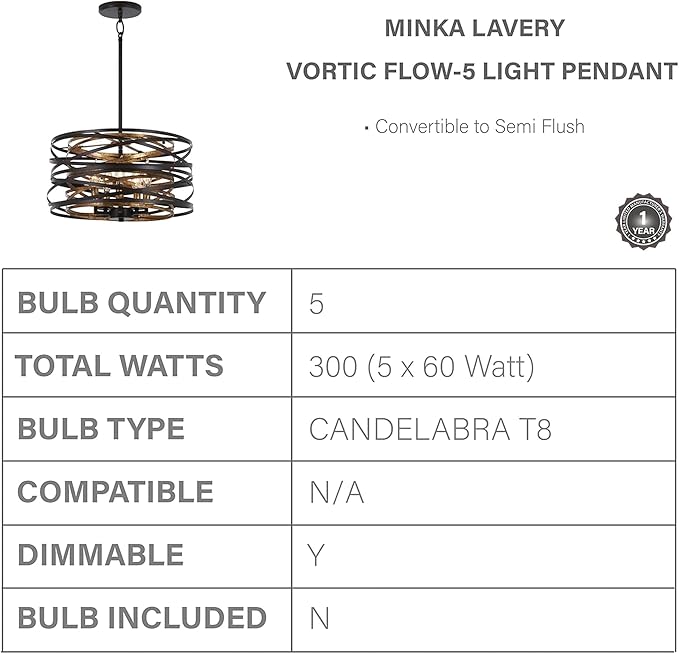 Minka Lavery 4675-111 Vortic Flow Convertible Pendant to Semi-Flush, 5-Light, 300 Total Watts, 16-in H x 9-in W, Dark Bronze with Mosaic Gold Interior