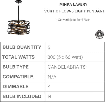 Minka Lavery 4675-111 Vortic Flow Convertible Pendant to Semi-Flush, 5-Light, 300 Total Watts, 16-in H x 9-in W, Dark Bronze with Mosaic Gold Interior
