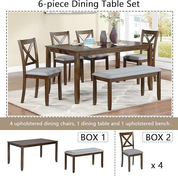 6-Piece Kitchen Dining Set, Rectangular Wooden Dining Table with 4 Upholstered Chairs and 1 Bench, Modern Dining Table Set for 6 People for Dining Room, Home Bar and Kitchen, Walnut