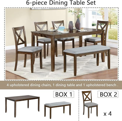 6-Piece Kitchen Dining Set, Rectangular Wooden Dining Table with 4 Upholstered Chairs and 1 Bench, Modern Dining Table Set for 6 People for Dining Room, Home Bar and Kitchen, Walnut