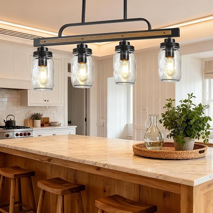 4-Light Farmhouse Dining Room Chandelier, Black Mason Jar Chandelier Lighting Fixture for Kitchen Island, Dining Room, Rustic Linear Cluster Hanging Pendant Light, Faux Wood with Glass Shade