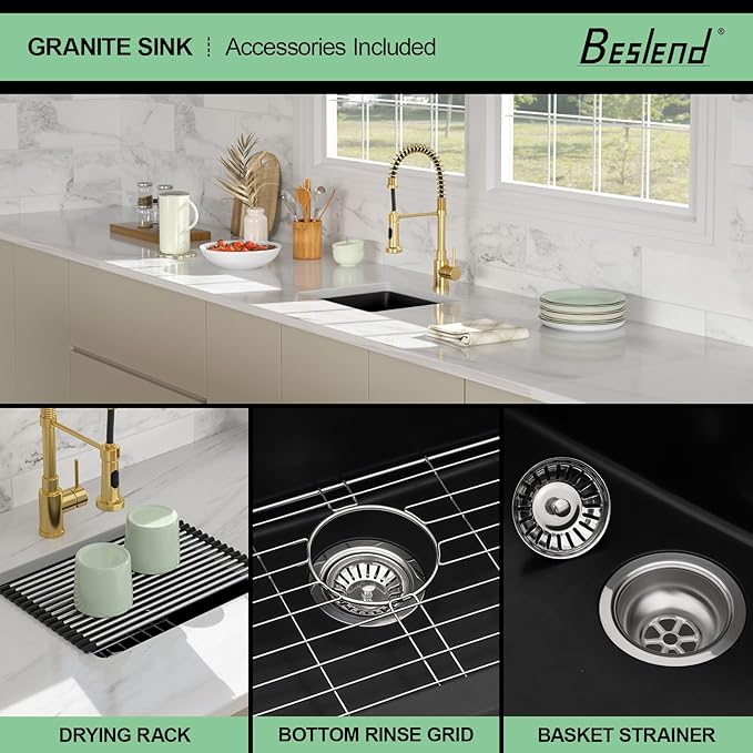18 Black Granite Composite Bar Sink - 18x16 Undermount Granite Quartz Kitchen Sink Matte Black 9 Inch Depth Small Signle Bowl RV Sinks Under Counter