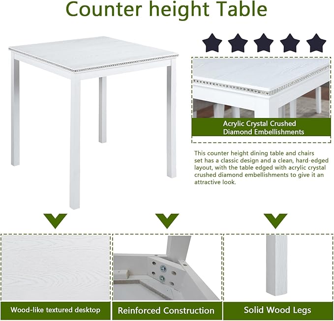 5 Piece Counter Height Dining Table Set for 4, Elegant Wooden Kitchen Table and 4 Upholstered Chairs with Crystal Decoration, Square Dining Table Set for Kitchen and Dining Room, White