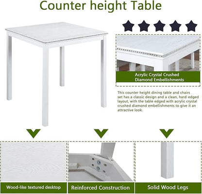 5 Piece Counter Height Dining Table Set for 4, Elegant Wooden Kitchen Table and 4 Upholstered Chairs with Crystal Decoration, Square Dining Table Set for Kitchen and Dining Room, White