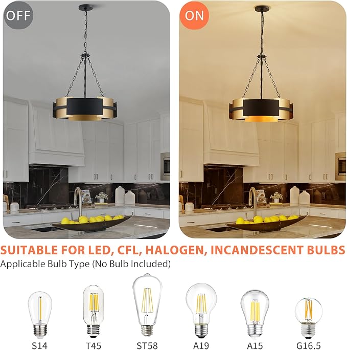 Modern Chandelier 19.7" Industrial Hanging Light Fixture Black and Gold 4-Light Large Drum Pendant Lighting for Dining Room Kitchen Island Office Living Room