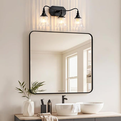 LmnLvn Bathroom Vanity Black Vintage Light Fixture, 3 Lights Bathroom Lighting Matte Antique Brass Finish with Crystal Glass Shade, Black Vintage Vanity Light for Bathrooms