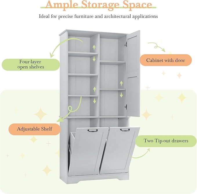 68" Tall Bathroom Storage Cabinet with One Door and Two Laundry Hampers for Home Display Organizer, Adjustable Shelf, Gray