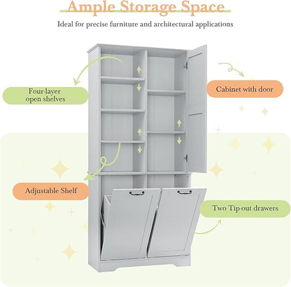 68" Tall Bathroom Storage Cabinet with One Door and Two Laundry Hampers for Home Display Organizer, Adjustable Shelf, Gray