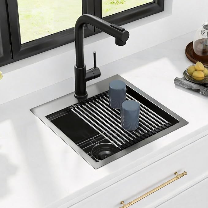 Kichae Black Drop In Bar Sink- 18x18 Small Overmount Topmount Stainless Steel RV Sink Single Bowl Ledge Workstation Bar Prep Handmade Basin