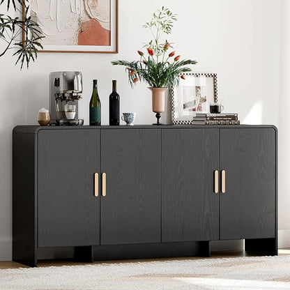 ONBRILL 60" Sideboard Buffet Cabinet with Storage, Curved Design Farmhouse Modern Coffee Bar Cabinet with 4 Doors & Adjustable Shelves for Living Room, Kitchen, Hallway, Black