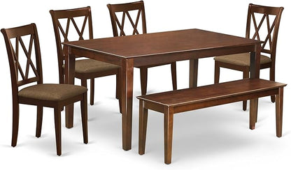 East West Furniture CACL6-MAH-C 6 Piece Dining Table Set Contains a Rectangle Dining Room Table and 4 Linen Fabric Upholstered Chairs with a Bench, 36x60 Inch, Mahogany