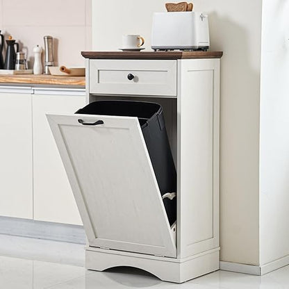 13 Gallons Tilt Out Trash Cabinet Freestanding Kitchen Trash Bin Cabinet Wood Garbage Recycling Cabinet with Hideaway Drawer Pet Proof Trash Can Holder for Kitchen Living Room, Antique White