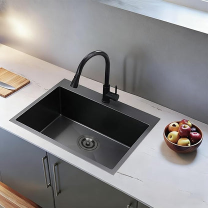 28x18 Inch Black Kitchen Sink, Topmount Drop In Stainless Steel Single Bowl Kitchen Sink, 16 Gauge Extra-Thick Modern Bar Prep RV Laundry Sinks with Mounting Brackets and Basket Strainer