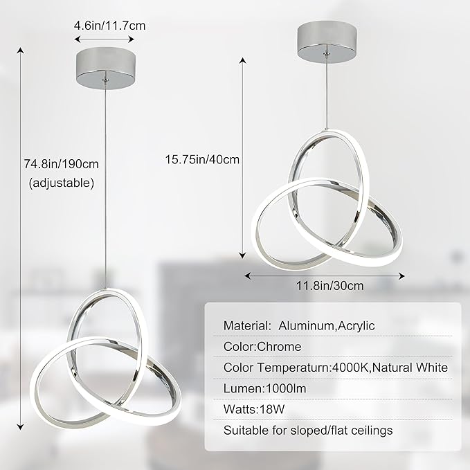 MAYNA Modern Kitchen Island Lights, 4000K LED Pendant Light Fixture, 18W Adjustable Height Modern Led Chandelier for Sink Bedroom Kitchen Island Cafe, 3 Pack (Chrome)