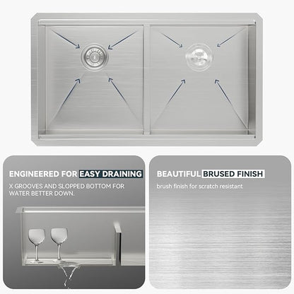 Lordear 32 Kitchen Sink - Double Bowl Stainless Steel Undermount Sink 16 Gauge Stainless Steel Workstation 50/50 Double Basin Low Divide Under Counter Handmade Sinks