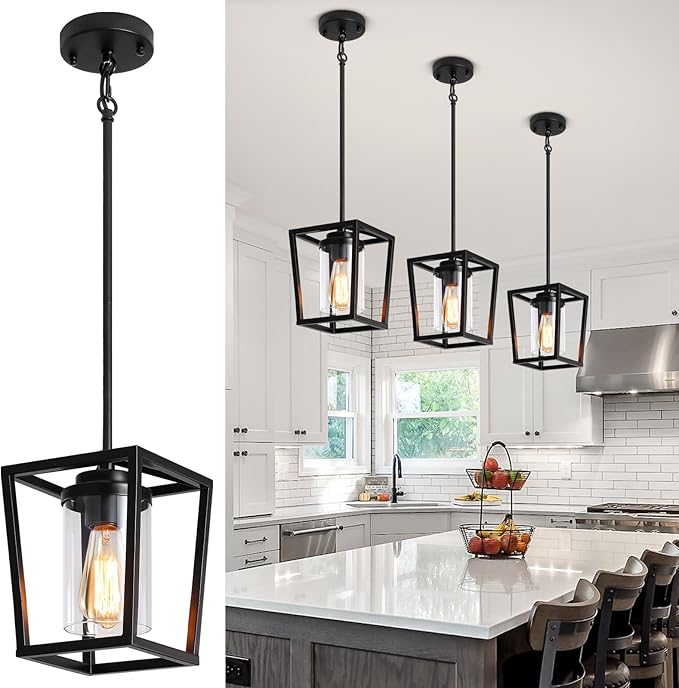TOULMJ Black Pendant Lights Kitchen Island, Modern Lantern Pendant Light Fixtures, Farmhouse Kitchen Island Lighting Hanging Ceiling Light Fixture for Hallway Dining Room
