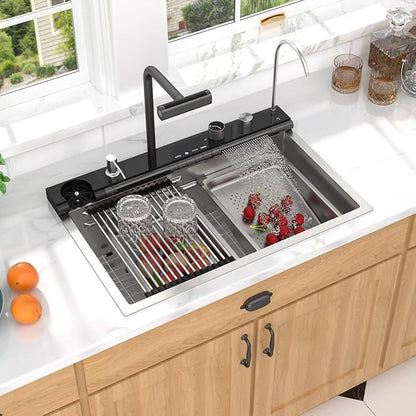 Smart Waterfall Kitchen Sink, 30" Drop-In Single Bowl 16 Gauge 304 Stainless Steel Workstation Sink with Mechanical Control Panel & Pull-Down Faucet for New house Decoration or Renovation