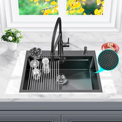 FRANIC 26" Handmade Black Bar Workstation Sink, 26" x 18" x 8" Stainless Steel Matte Nano Black Topmount Single Bowl Small Kitchen Outdoor Sink