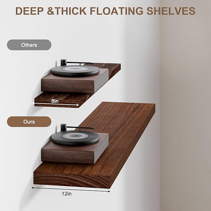 60x12 Inch Floating Shelves for Wall, Set of 2 Solid Wood Wall Shelves, Extra Long Heavy Duty Wall Mount Shelf for Living Room & Kitchen, Large Walnut Floating Shelves