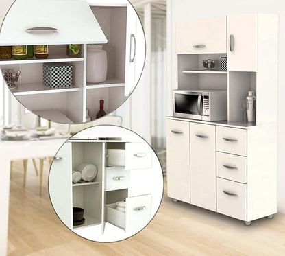 Inval America 4-Door Kitchen Microwave Storage Cabinet with 3 Drawers, Kitchenette Standing Pantry, 71"H x 23.6"W x 17.1"D, White