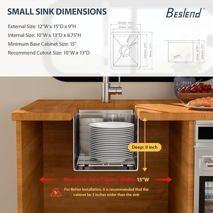 12 Inch Bar Sink Undermount - Beslend 12x15 Undermount Kitchen Sink RV Sink, Stainless Steel Small Sinks Wet Bar Sinks Workstation 16 Gauge Single Bowl Under Counter, 9" Height