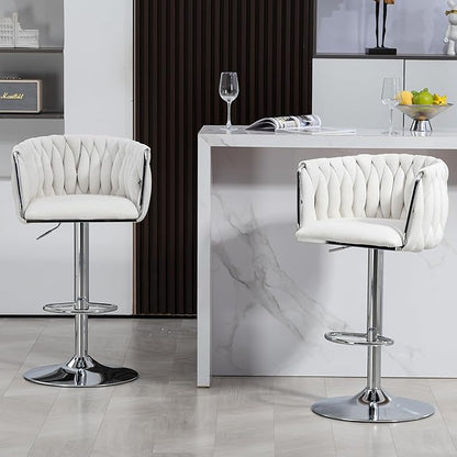 360° Fabric Cover Swivel Bar Stools Set of 2, Adjustable Counter Height Bar Chairs with Woven Back Footrest,Silver Chromed Bar Stools for Kitchen Island, Cafe, Pub (Beige)