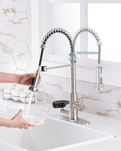 Kitchen Sink Fuacet with Glass Rinser, Single Handle Kitchen Faucet with Pull Down Sparyer, 304 Stainless Steel, Deck Plate, Brushed Nickel