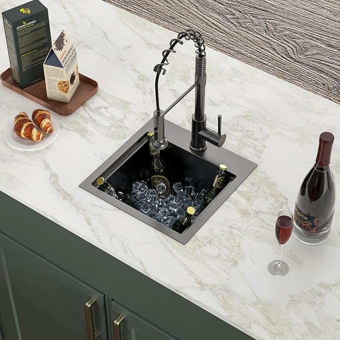 Logmey 15" Square Drop in Bar Sink,PVD Nano Gun Black 16 Gauge Stainless Steel,15x15x9 Workstation Sink for Kitchen Prep,RV,Wet Bar & Outdoor