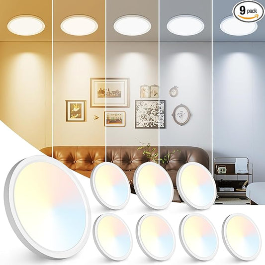 Peasur 7 inch LED Ceiling Light, 3000K/3500K/4000K/5000K/6500K Adjustable Flush Mount Light Fixture,1500LM 15W Thin White Flat Lamp for Hallway Kitchen Bathroom Bedroom, 8Pack
