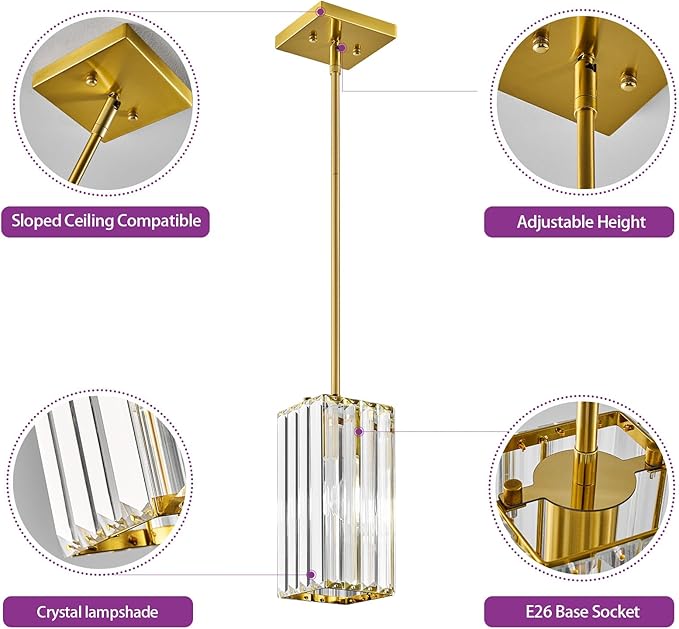 Modern Pendant Light Gold Rectangle Pendant Lighting Mini Crystal Chandeliers Adjustable Pendant Light Fixture for Kitchen Island Dinning Room Living Room Corridor Bedroom(Gold 1-Pack)