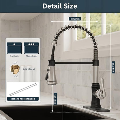 BWE Kitchen Faucet with Pull Down Sprayer, 3 Function High Arc Farmhouse Commercial Bar Sink Faucet, Black and Brushed Nickel Kitchen Sink Faucets