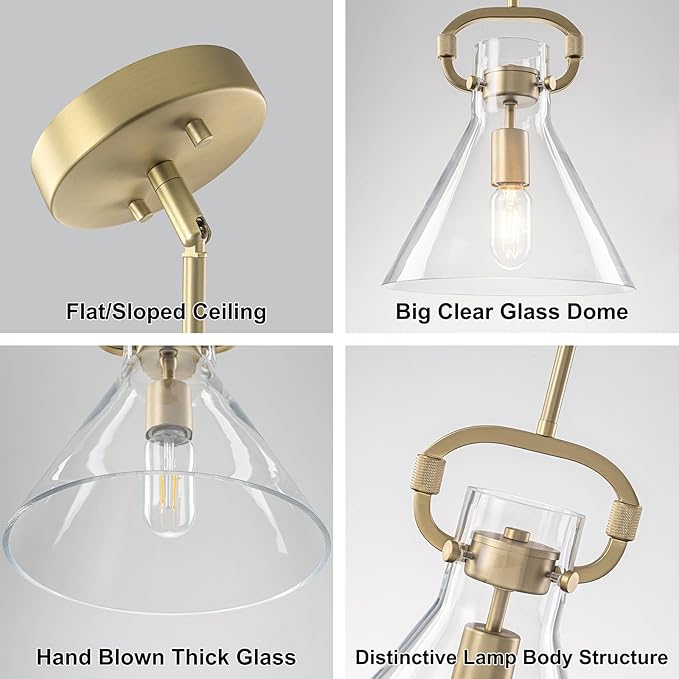 Glass Pendant Lights Kitchen Island 9.8",Matte Gold Island Pendant Lights 1 Light Modern Pendant Hanging Lamps with Funnel Glass Shade for Kitchen over Dining Table,E26 Base,Adjustable Height,Dimmable