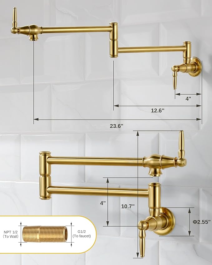 Pot Filler Faucet Brushed Gold: Solid Brass Wall Mount Heavy Duty Stove Pot Filler with Double Joint Swing Arms - Single Hole Commercial Folding Stretchable Faucet 2 Handles for Kitchen Restaurant