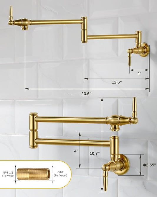 Pot Filler Faucet Brushed Gold: Solid Brass Wall Mount Heavy Duty Stove Pot Filler with Double Joint Swing Arms - Single Hole Commercial Folding Stretchable Faucet 2 Handles for Kitchen Restaurant