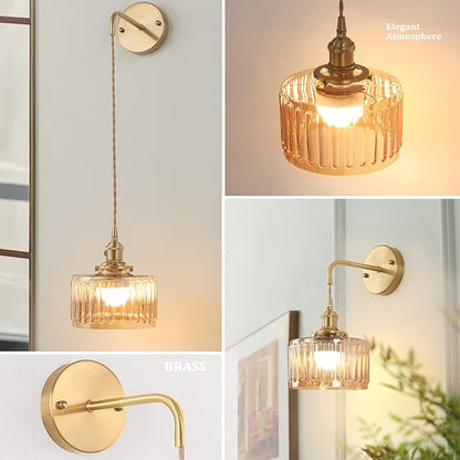 Shenmoyl Battery Operated Wall Sconce with Amber Striped Shade Pattern Glass Adjustable Chain Retro Gold Wall Mounted Light, Modern Wall Lamp Fixtures Decor for Bedside Bedroom Indoor Doorway