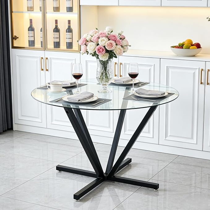 Round Dining Table for 4 6 People, 45.3" Modern Glass Kitchen Table, Circle Black Dinner Table with 0.32" Thick Tempered Glass Top and Metal Legs, Glass Dining Room Furniture for Kitchen Living Room