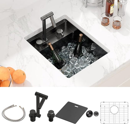 Sarlai Undermount Bar Sink, 15x18 Inch Undermount Outdoor Sink Workstation with Foldable Faucet Bar Prep Single Bowl Gunmetal Black 16 Gauge Stainless Steel Sinks with Cover BBQ Sinks Outside