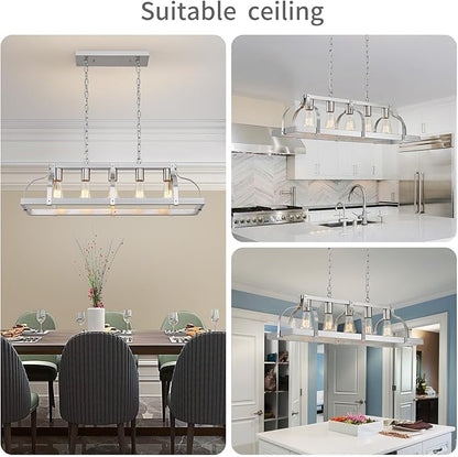 WUZUPS 5-Light Metal Chandelier Linear Pendant Ceiling Lighting Rustic Farmhouse Fixture Kitchen Island Dining Room, H 8.5" L 31.5" W10, E26 Base, Brushed Nickel