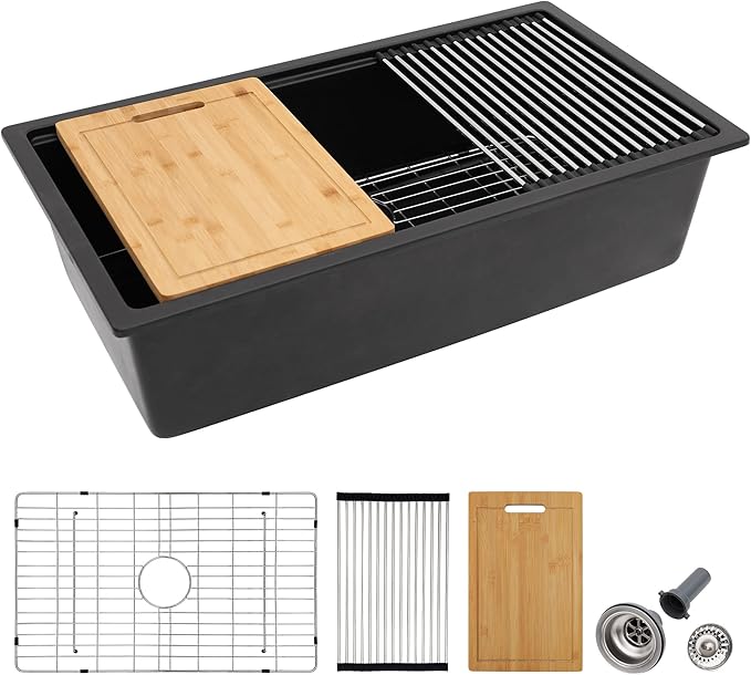 33"x19" Granite Composite Kitchen Sink – Undermount Ledge Workstation Matte Black Granite Quartz Classic Under Counter Single Bowl Sink Basin