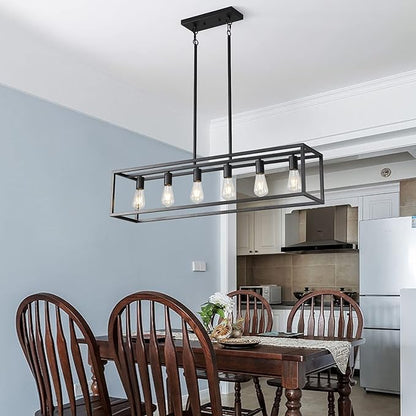 41'' Dining Room Light Fixture, 6-Light Black Chandeliers for Dining Room, Linear Kitchen Light Fixtures, Modern & Farmhouse Style, Rectangle, Height Adjustable (E26, Metal)