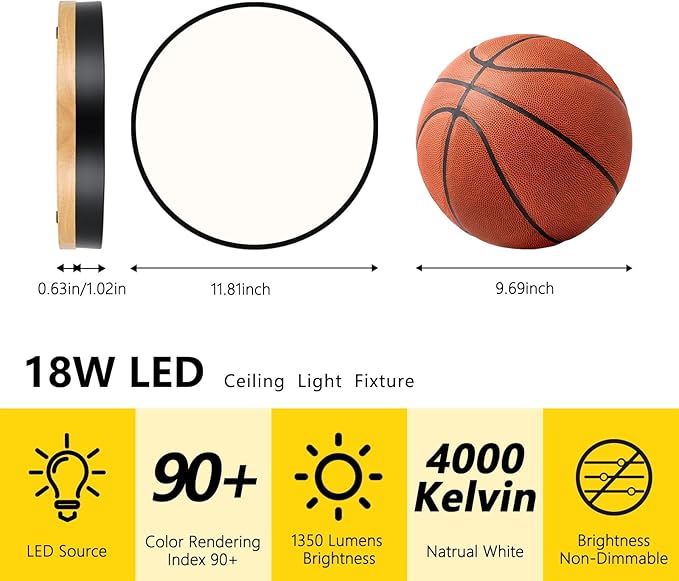 Modern Wood Black Flush Mount Ceiling Light, 11.81" Round LED Low Profile Close to Ceiling Fixture for Kitchen Bedroom Bathroom Laundry Hallway Entryway Closet Living Room