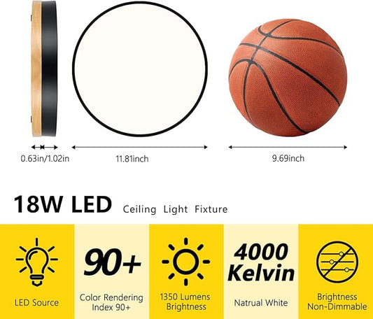 Modern Wood Black Flush Mount Ceiling Light, 11.81" Round LED Low Profile Close to Ceiling Fixture for Kitchen Bedroom Bathroom Laundry Hallway Entryway Closet Living Room