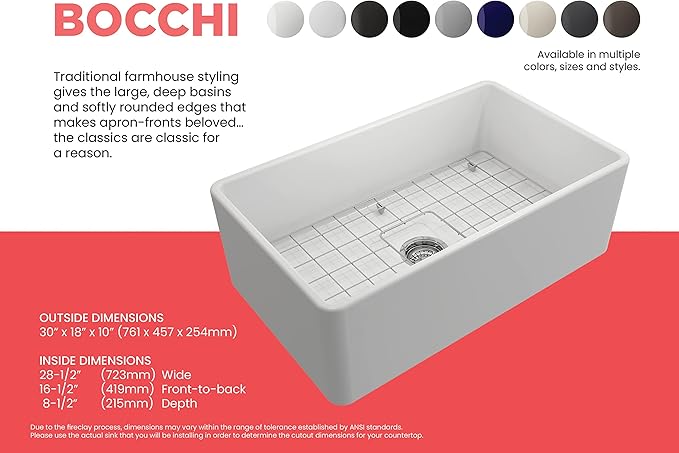 BOCCHI Classico Farmhouse Apron Front Fireclay 30 in. Single Bowl Kitchen Sink with Protective Bottom Grid and Strainer in Matte White
