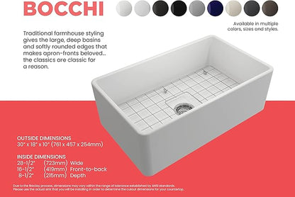 BOCCHI Classico Farmhouse Apron Front Fireclay 30 in. Single Bowl Kitchen Sink with Protective Bottom Grid and Strainer in Matte White