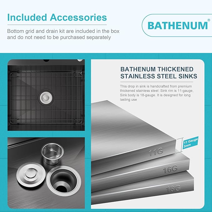22" x 18" Drop in Kitchen Sink 304 Stainless Steel Single Bowl Topmount Bar Sink with Drain Kit and Bottom Grid, Black