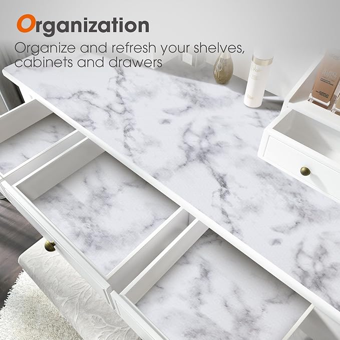 Drawer and Shelf Liner, Non-Slip Kitchen Cabinet Liners Non-Adhesive Thick Strong Grip Waterproof Washable Mats Protect Dresser Shelves Cupboard Bathroom Cabinets, White Marble, 18 in X 20 FT