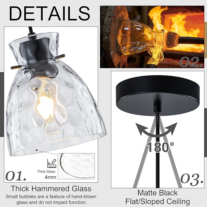 Hammered Glass Black Pendant Lights Kitchen Island Lighting, Small Hand-blown Glass Black Farmhouse Pendant Light Fixtures, Modern Hanging Lights Kitchen Pendant Lighting over Island Sink Bathroom E26