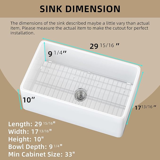 Farmhouse Sink 30 inch Undermount Fireclay Farm Kitchen Sink Single Bowl Apron Front Sinks Big Deep Capacity Accessory Kit Included