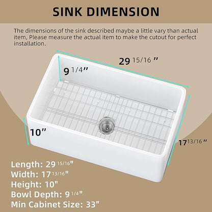Farmhouse Sink 30 inch Undermount Fireclay Farm Kitchen Sink Single Bowl Apron Front Sinks Big Deep Capacity Accessory Kit Included